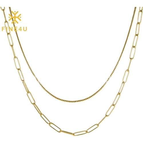 FINE4U N908 Double Layered Paperclip Chain Link Necklace 5mm Width and 19 inch Chain Necklace for Women Girls