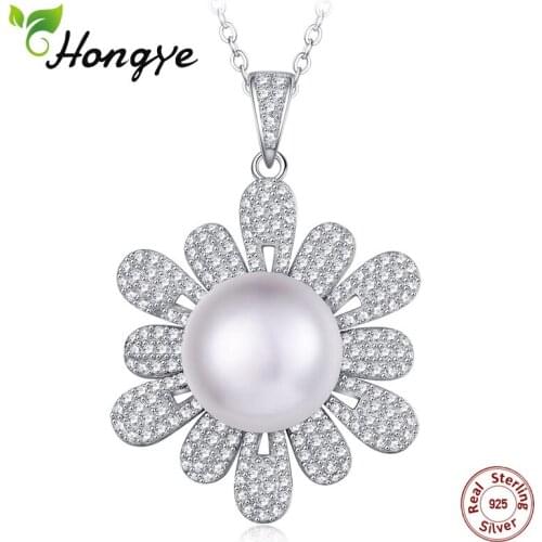 Hongye 925 Silver Necklace 100% Real Natural Freshwater White Pearl Pendants Women pearl Crystal Wedding Classic Fine Jewelry