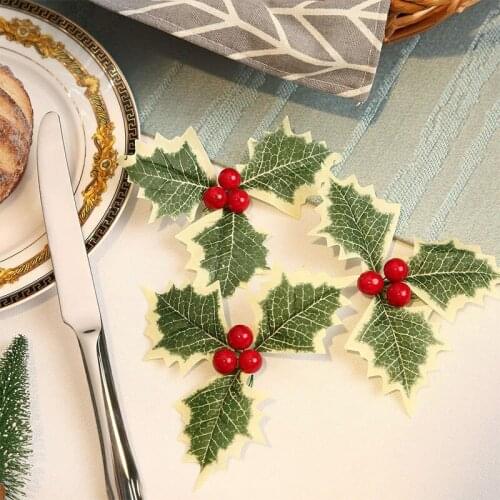 10pcs Christmas Artificial Leaves With Berry Stamen DIY Garland Wreath Flowers For Xmas Party Wedding Decorations Home Supplies