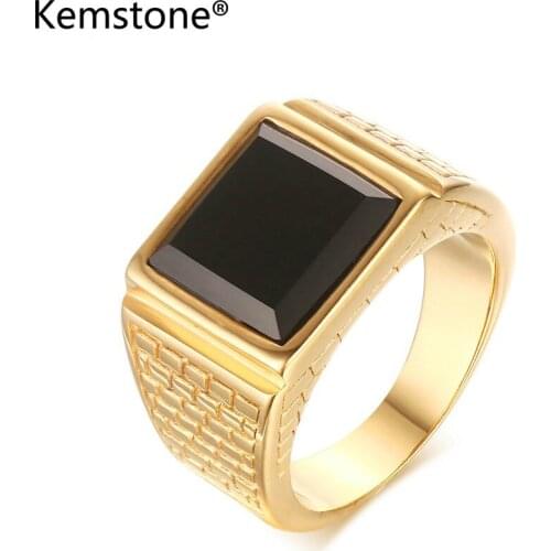 Kemstone Classic Stainless Steel Gold Color Black Created Ring Gift Jewelry for Men