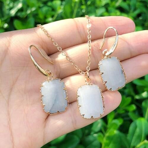SAY HELLO Rectangle Stone Light Blue Drop Dangle Earrings Chain Necklace Pendant Sets for Women Handmade Jewelry Set K7051