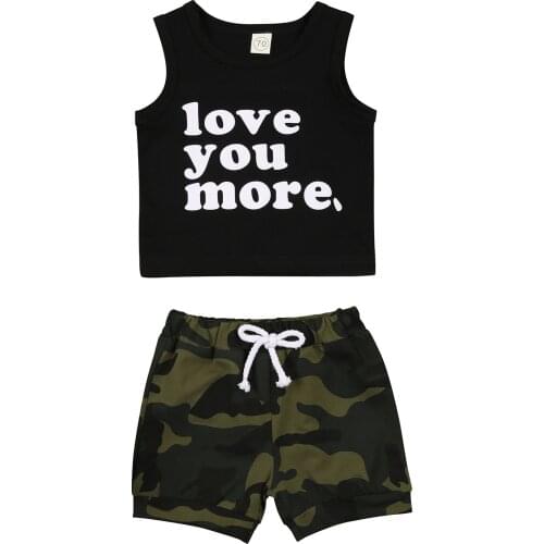 Baby Boy’s Vest and Shorts Suit Unique Letter Sleeveless Tops and Camouflage Short Pants Black