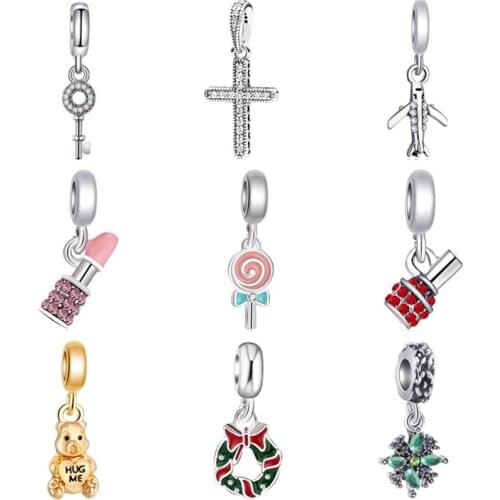Hot Sale Crystal Foot Lollipop Aircraft Key Arrow Cross Queen Bead Fit Original Pandora Charms for Women Party Gift DIY Jewelry