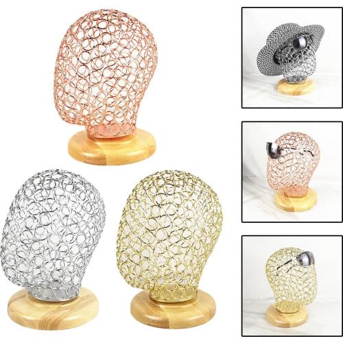 Metal Hollowed-Out Mannequin Head Manikin Model w/ Wood Base Hat Glasses Display Rack Holder Freestanding for Home Salon