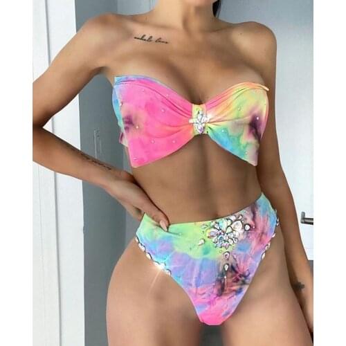 Sexy Gothic Bikini 2 Pieces Sets Tie-dye print high waist swimming suit Rhinestone bandeau bra and panty sets swimwear monokini