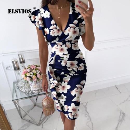 Vestido Elegant Slim Bodycon Bag Hip Dress Vintage Ruffle V-neck Shirring Dress 2021 Summer Women Floral Print Party Dresses 3XL