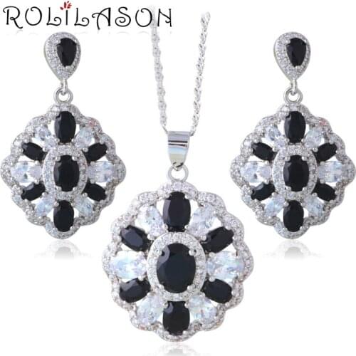 ROLILASON White Black Cubic Zirconia Jewelry Sets For Women stermped Silver Earring/Pendant/Necklace/Ring JS656