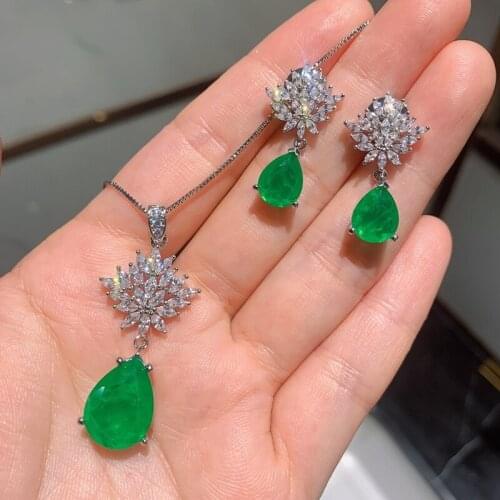 Luxury Pear Emerald Gemstone 925 Sterling Silver Needle Earrings White Gold Plating Pendant/Necklace Wedding Jewelry Sets