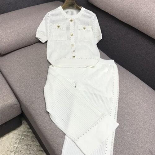 Luxury Brand Designer Runway 2 Piece Set Metal Button Single Breasted Hollow Out Knitted Top and Wide Leg Trousers Set