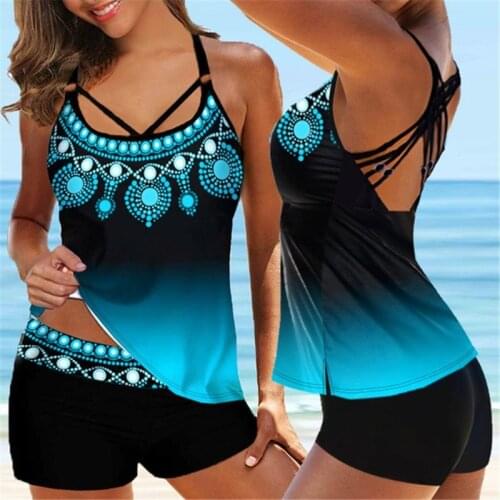 S-8XL 8Colors Gradient Print Strappy Back Tankini Bathing Top Panty Suits Plus Size Women Swimdress Set