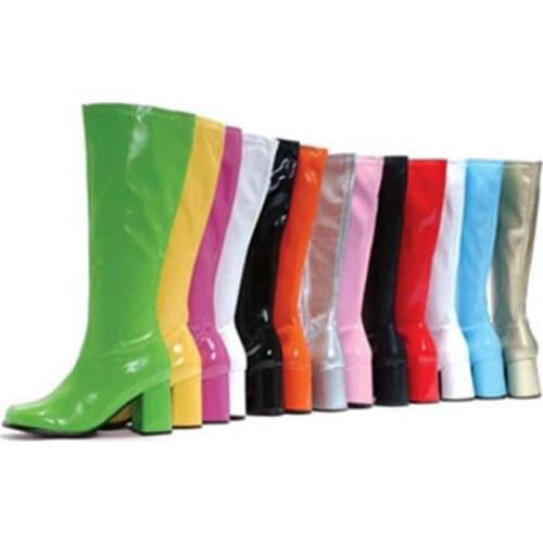 Ladies Solid Candy Color Patent Leather Knee Boots Side Zip 6.5Cm Chunky Heels Knight Boots Prom Stage Performance Boots
