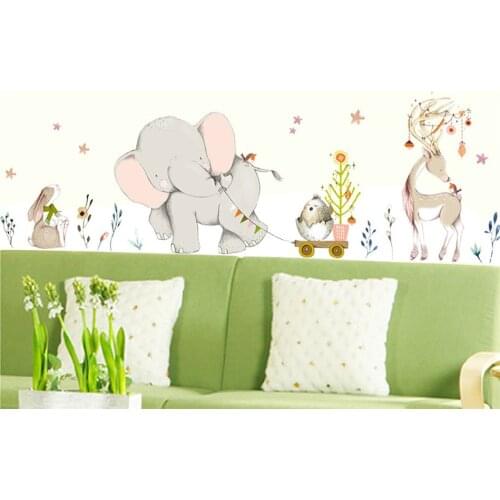 Happy Baby Elephant Wall Stickers Decoration Cartoon Living Room Background Wall Animals Kindergarten Wall Adhesive Borders