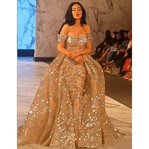 Sexy Sparkle Sequined Lace Evening Dresses Dubai Arabic Formal Evening Party Gowns Off-Shoulder Pageant Prom Dress Abendkleid