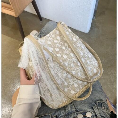 Shoulder Bag Summer Retro Embroidered Openwork Frosted Straw Handbag Vacation Seaside Beach Lace Bag Messenger Bags for Female