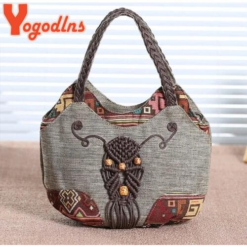 Yogodlns Vintage Linen Handbag for Women National Style Top -Handle Bag Middle-aged Womens' Shoulder Bag Art Tote Mother Purse