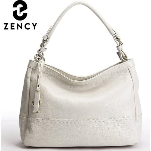 Zency 100% Genuine Leather Spring Beige Handbag Fashion Women Shoulder Bag Large Capacity Casual Tote Crossbody Purse Black Grey