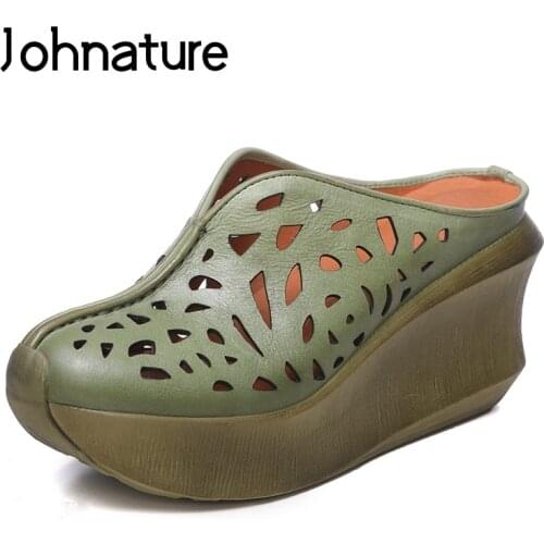 Johnature 2020 New Summer Genuine Leather Casual Retro Slip-on Wedges Platform Sandals Women Shoes