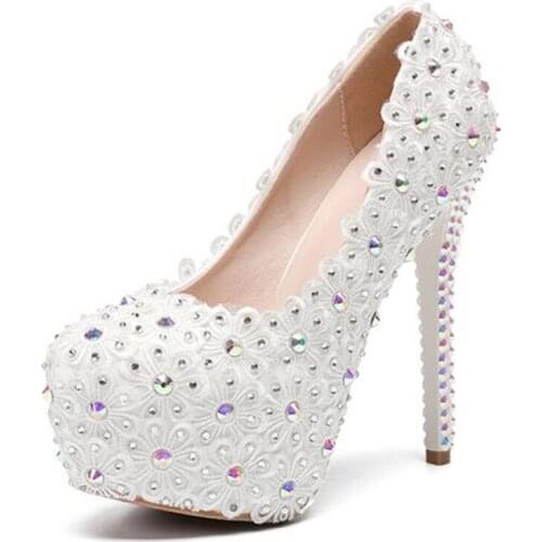 Women Thin High Heels Stiletto Pumps Bridal Wedding Shoes Lace Slip On 14CM Round Toe Dress Bling shoes for women heels 2020