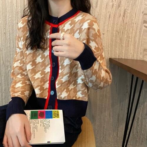 New Autumn Sweater for Women Plaid Casual Single Breasted Knitted Coat Long Sleeve Cardigans Women Knitted Outwear O-neck Tops