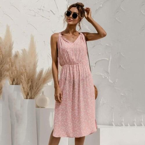 Women Summer Mini Party Dress 2021 V-neck Floral Print Elastic Pullover Ladies Strappy Slit Sleeveless Halter Sundresses Vestiod
