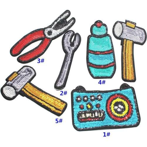 1 Set (6pcs) Hammer Pliter Spanner Sequined Sew/Iron on Patches for Clothes T-shirt DIY Sequins Tools Patch Decorative Applique