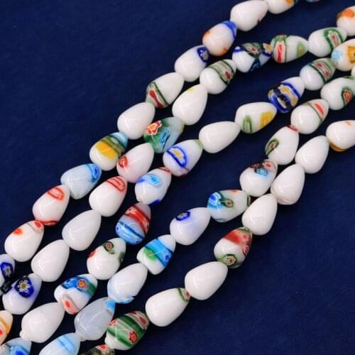 10pcs/lot Newly Water Droplet Shape White Millefiori Lampwork Pendants 9x14mm For Handmade DIY Jewelry Earrings Hair Hoop Beads