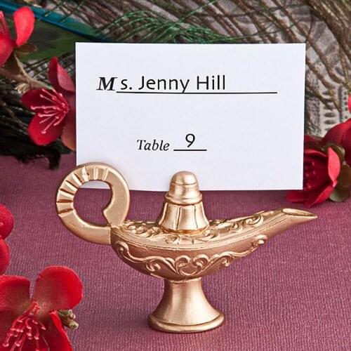 12PCS Classic Arabian Nights Gold Lamp Shape Place Card Holder Party Table Decorations Golden Aladin’s Lamp Name Card Holders