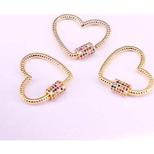 5PCS, Rainbow CZ Micro Pave Lock Carabiner Pave Lock Heart Shaped Crystal Zirconia Clasp Jewelry Findings