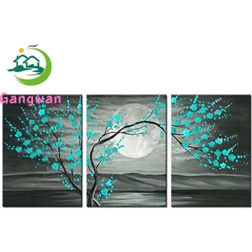 5d diy diamond painting 3 pcs of gray and blue green floral plum trees full square round drill rhinestone embroidery wall decor