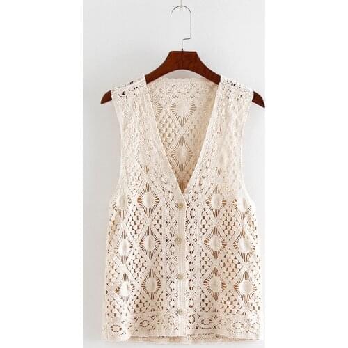 Hollow Vest Cardigan Women Spring Autumn Wear Mid-Length Sleeveless Shawl Waistcoat All-Match Vest Knitted Small Jacket