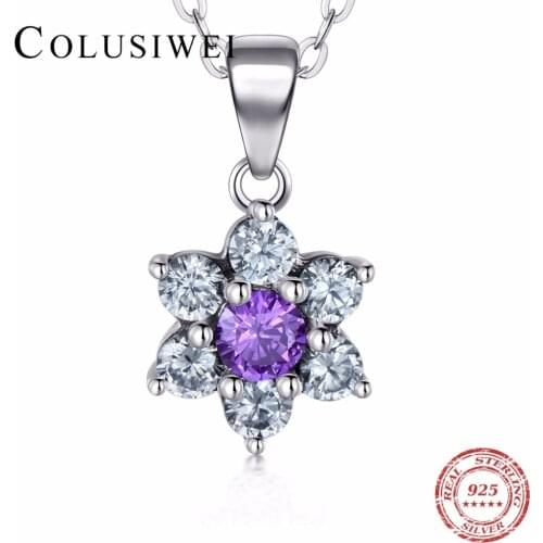 2018 New 100% Real 925 Sterling Silver Purple Flowers Pendant Necklace Fashion Crystal CZ Simple For Women Wedding Jewelry Chain