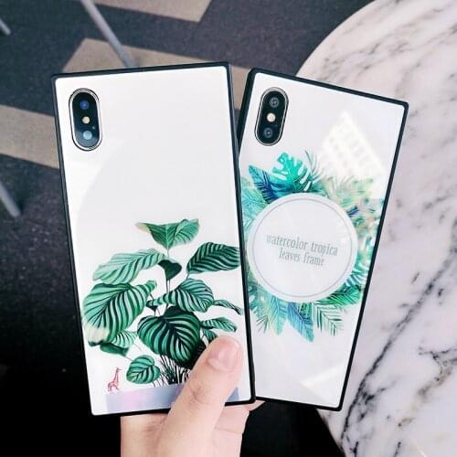 Phone Case For iphone 6 6s 7 8 plus For iPhone X Tiske Simple Fashion Square Large Green Leaves Tempered Glass Shell Back Cases