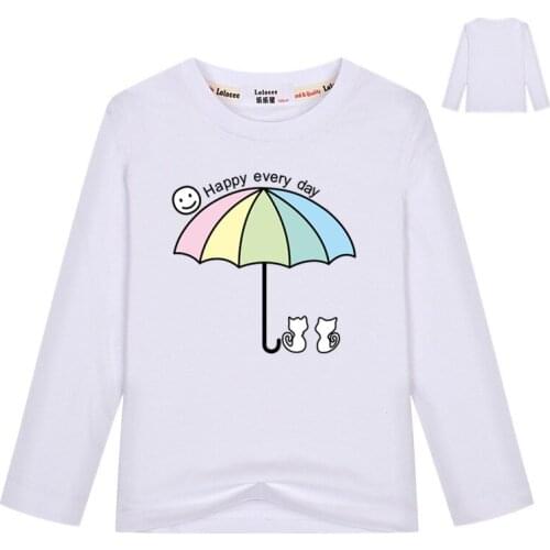 Girls Long Sleeve T-Shirt 3D Cute Umbrella Cat Print Casual Tee Summer Long Sleeve Clothes Gift For Kids