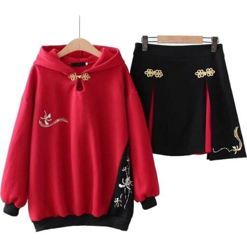 Two Piece Sets Women Floral Embroidery Fleece Hooded Sweatshirt And Hight Waist Mini Skirts 2021 Winter Warm Clothes Set