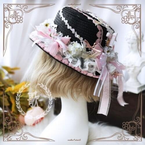Summer Japanese Lolita Handmade Sweet Little thing Straw Hat AP Candy house Soft Girl Sweet Cute Strawberry Bow Lace Flower Cap