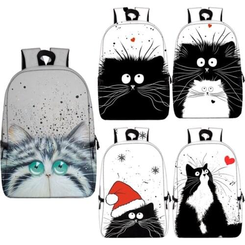 Cute Cat Printing Women Backpack Linen Softback Bags Girl Casual Traveling Portable Bags Black and white Cat Student School Bag