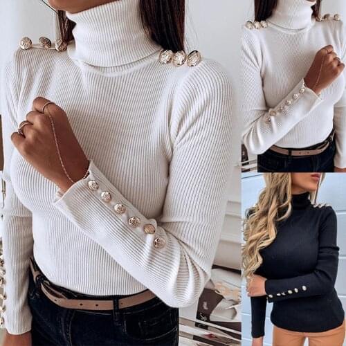 Fashion Women Turtleneck Ribbed Shirts Cuff Buttons Detail Long Sleeve Bottoming Shirts Autumn Winter Female Slim Plain Tops