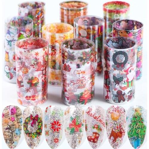 10pcs Christmas Stickers For Nails Snowflake Santa Elk Transfer Foils Sliders Adhesive Decals Nail Art Manicure Wraps SAXK9126