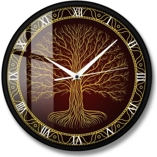 Tree Of Life Viking Mystic Amulet Wall Art Home Decor Silent Wall Watch Nordic Sacred Symbol Druidic Yggdrasil Tree Wall Clock