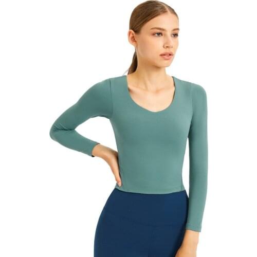 Sexy Women Fitness Long Sleeve Yoga Shirt Stretch Tights Nude With Chest Pad V Sports Top Beauty Back Gym Clothing Run Training