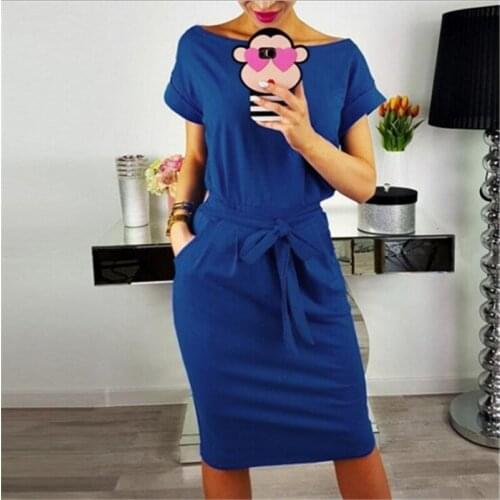 New Summer Dress Women Solid Sashes Dress With Pockets O Neck Short Sleeve Sexy Beach Sundress Tunic Vestidos S-3XL NS8989