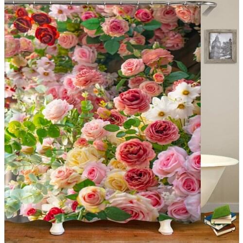 Rurality Fresh Flowers Wall Shower Curtains Bathroom Shower Curtain 3D Fabric Bath Curtain with Hooks Waterproof Bath Screen