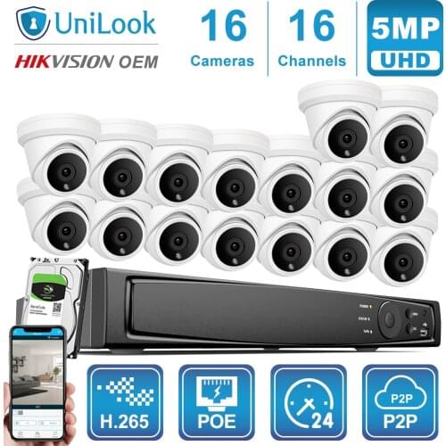 UniLook 16CH NVR 5MP Turret POE IP Camera 8/10/12/16PCS Outdoor Security Hikvision OEM H.265 CCTV system NVR Kit With HDD