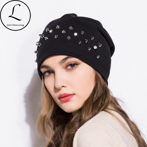 GZHILOVINGL Spring Womens Knitted Cap Rivet Casual Ribbed Beanies For Women Girls Pure Color Hip-hop Slouchy Skullies Hat Gorras