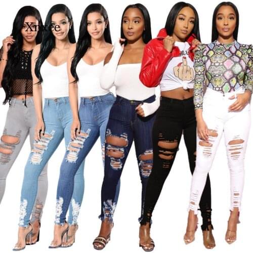 Women Frayed Hole Denim Leggings High Waist Elastic Ripped Jeans Trousers Skinny Woman Casual Jeans Long Pencil Pants Clothing