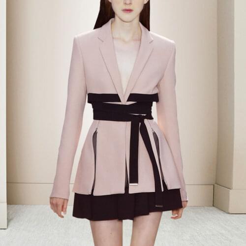 DEAT Suit Woman Notched Full Sleeve Pink Solid Blazer + Drawstring Mini Length Skirt Office Lady Style 2021 New Autumn AR420