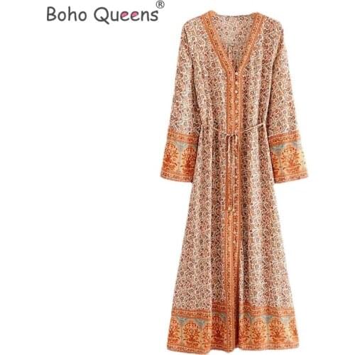 Boho Queens women lace-up tassel floral print beach Bohemian maxi dress Ladies long sleeve Summer Boho dress vestidos