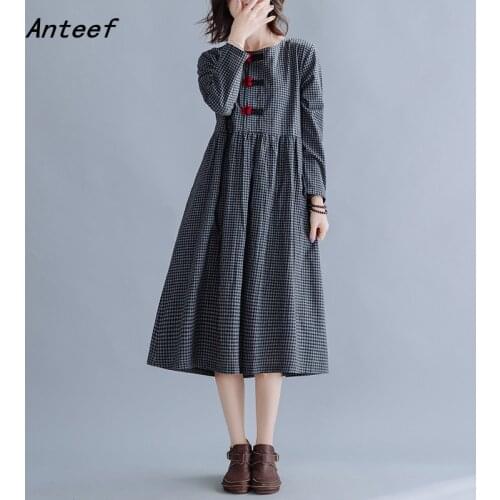 Anteef long sleeve cotton linen vintage plaid dresses for women casual loose spring autumn dress elegant clothing 2021