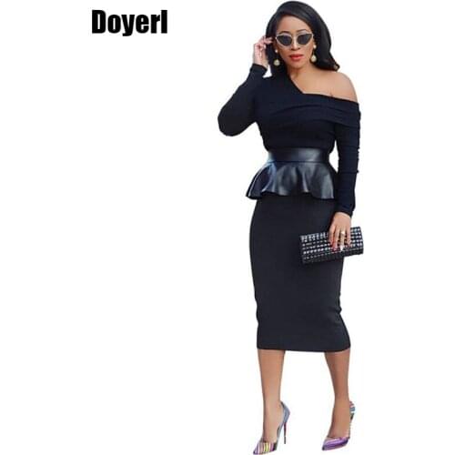 Off The Shoulder Black Midi Dress Women Spring Long Sleeve Leather Patchwork Bodycon One Piece Dress Backless Sexy Party Dresses
