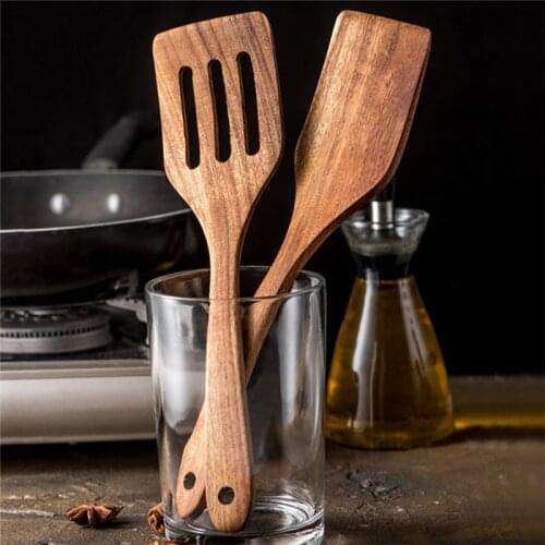 Wood Long Handle Spatula Kitchen Turner Non-Stick Cooking Utensils Wooden Spatula Slotted Wooden Utensils